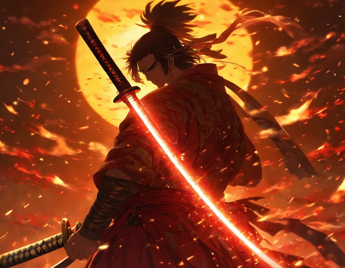 An exquisite and ornate katana, sun background