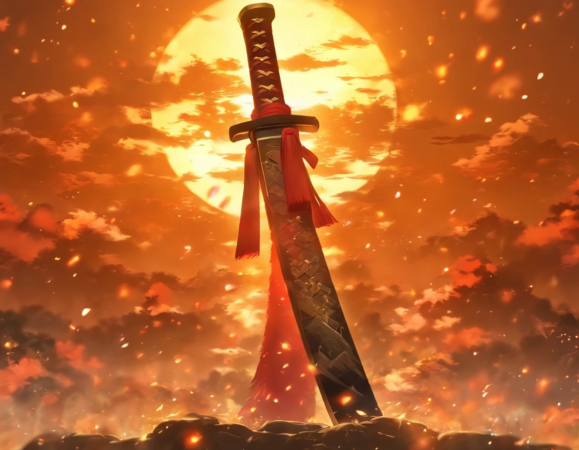 An exquisite and ornate katana, sun background