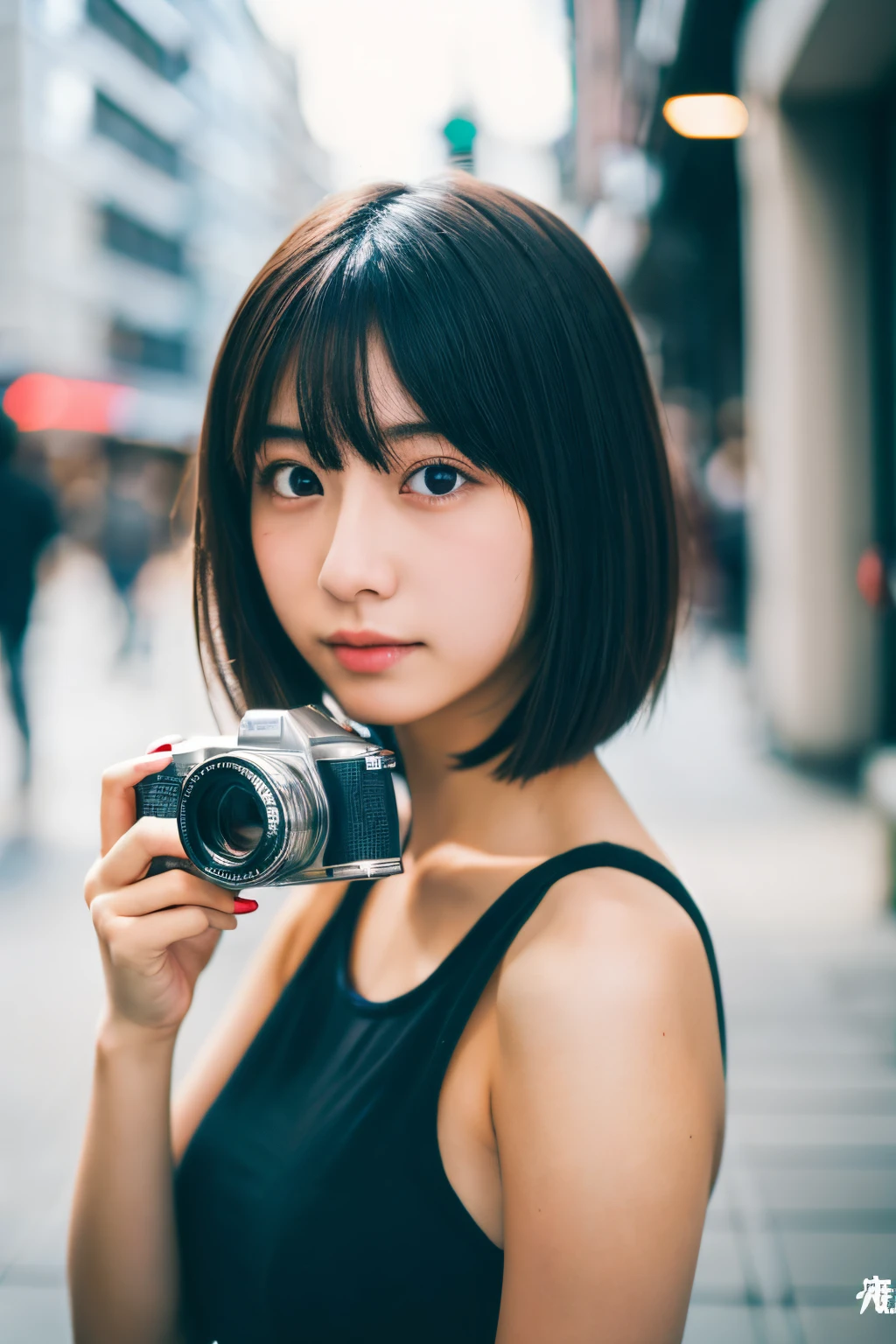 1 girl, Realistic young idol, young gravure idol, young pretty idol, Japanese model, Beautiful Asian girl, short hair with bangs, bob cut, masterpiece, 8K, average Japanese, average Japanese, ,Camera girl, holding a single-lens reflex camera, shooting in the city,