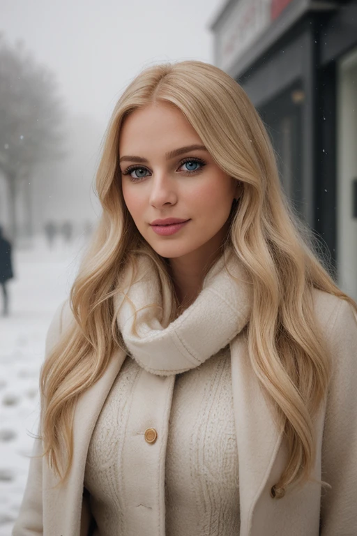 professional portrait photograph of a gorgeous blond woman in winter clothing with very long wavy blond hair, sultry flirty look, 27 years old,realistic skin texture,skin blemishes, skin wrinkles, gorgeous symmetrical face, cute natural makeup, wearing elegant warm winter fashion clothing, ((standing outside in snowy city street)), stunning modern urban environment, ultra realistic, concept art, elegant, highly detailed, intricate, sharp focus, depth of field, f/1. 8, 85mm, medium shot, mid shot, (((professionally color graded))), bright soft diffused light, (volumetric fog), trending on instagram, hdr 4k, 8k