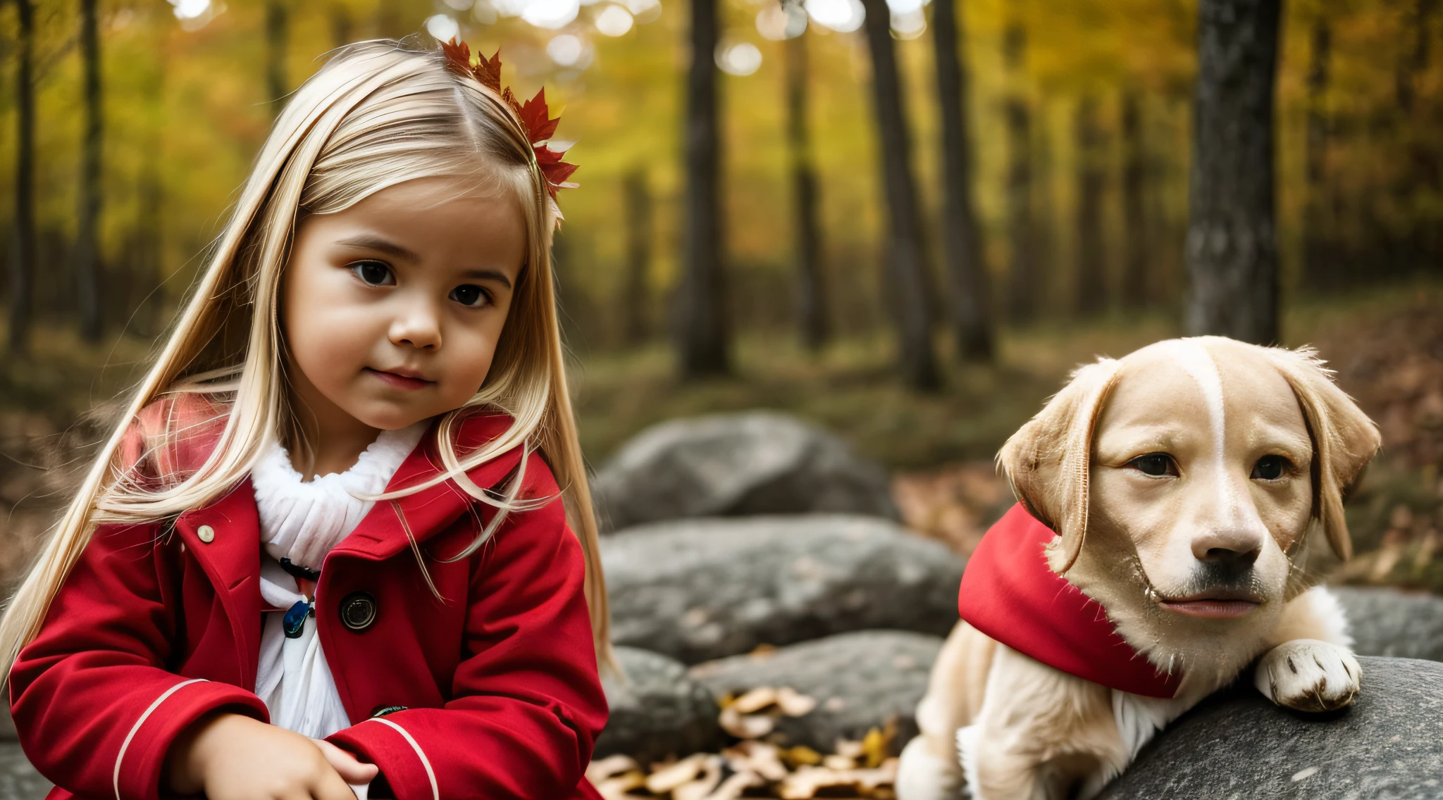 girl BLONDE CHILD LONG HAIR, in red coat hugging a dog on a rock, 🍁 fofo, CLOSE UP, arte tradicional, cute and adorable, Filhotes vermelhos, lindo bonito, 🍂 fofo, lovely and cute, bonito bonito, lindo e bonito, retrato de alta qualidade, arte realista, jovem e bonito,