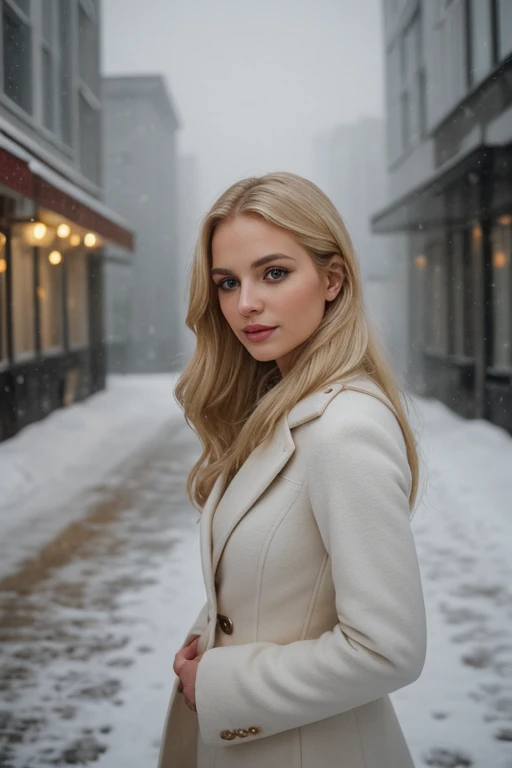 professional portrait photograph of a gorgeous blond woman in winter clothing with very long wavy blond hair, sultry flirty look, 27 years old,realistic skin texture,skin blemishes, skin wrinkles, gorgeous symmetrical face, cute natural makeup, wearing elegant warm winter fashion clothing, ((standing outside in snowy city street)), stunning modern urban environment, ultra realistic, concept art, elegant, highly detailed, intricate, sharp focus, depth of field, f/1. 8, 85mm, medium shot, mid shot, (((professionally color graded))), bright soft diffused light, (volumetric fog), trending on instagram, hdr 4k, 8k