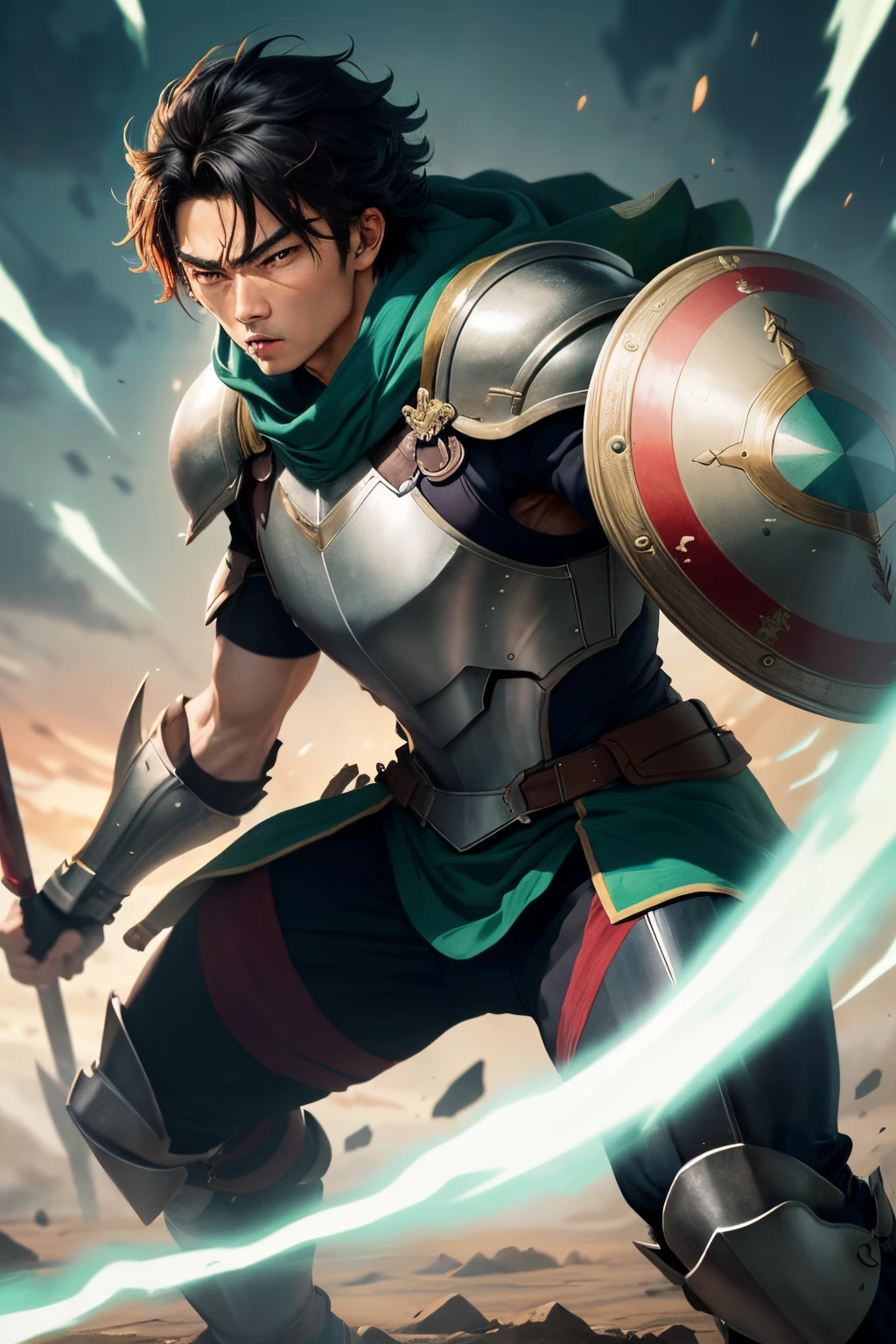 "Generate a high-quality, intricately detailed image featuring Naofumi Iwatani from 'The Rising of the Shield Hero' engaged in combat with his iconic shield. Depict Naofumi in a dynamic battle stance, showcasing his determination and strategic prowess. Emphasize the faithful representation of his shield hero attire, including the distinctive green cloak and armor. Illustrate Naofumi wielding his shield in a defensive or offensive position, with meticulous attention to detail in capturing the intensity of the fight. Utilize a unique animation style to convey the fluidity of his movements and the impact of his shield-based combat techniques. This image should immerse viewers in a captivating scene of Naofumi's valiant struggle in the heat of battle