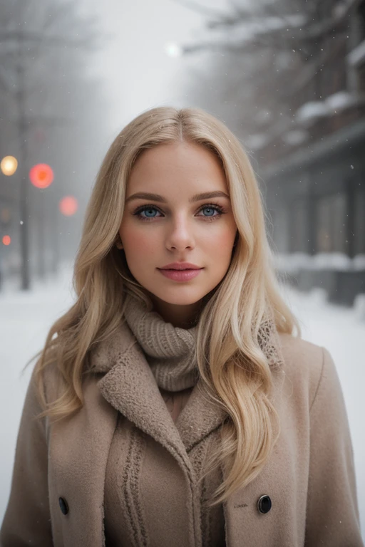 professional portrait photograph of a gorgeous blond woman in winter clothing with very long wavy blond hair, sultry flirty look, 27 years old,realistic skin texture,skin blemishes, skin wrinkles, gorgeous symmetrical face, cute natural makeup, wearing elegant warm winter fashion clothing, ((standing outside in snowy city street)), stunning modern urban environment, ultra realistic, concept art, elegant, highly detailed, intricate, sharp focus, depth of field, f/1. 8, 85mm, medium shot, mid shot, (((professionally color graded))), bright soft diffused light, (volumetric fog), trending on instagram, hdr 4k, 8k
