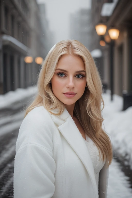 professional portrait photograph of a gorgeous blond woman in winter clothing with very long wavy blond hair, sultry flirty look, 27 years old,realistic skin texture,skin blemishes, skin wrinkles, gorgeous symmetrical face, cute natural makeup, wearing elegant warm winter fashion clothing, ((standing outside in snowy city street)), stunning modern urban environment, ultra realistic, concept art, elegant, highly detailed, intricate, sharp focus, depth of field, f/1. 8, 85mm, medium shot, mid shot, (((professionally color graded))), bright soft diffused light, (volumetric fog), trending on instagram, hdr 4k, 8k