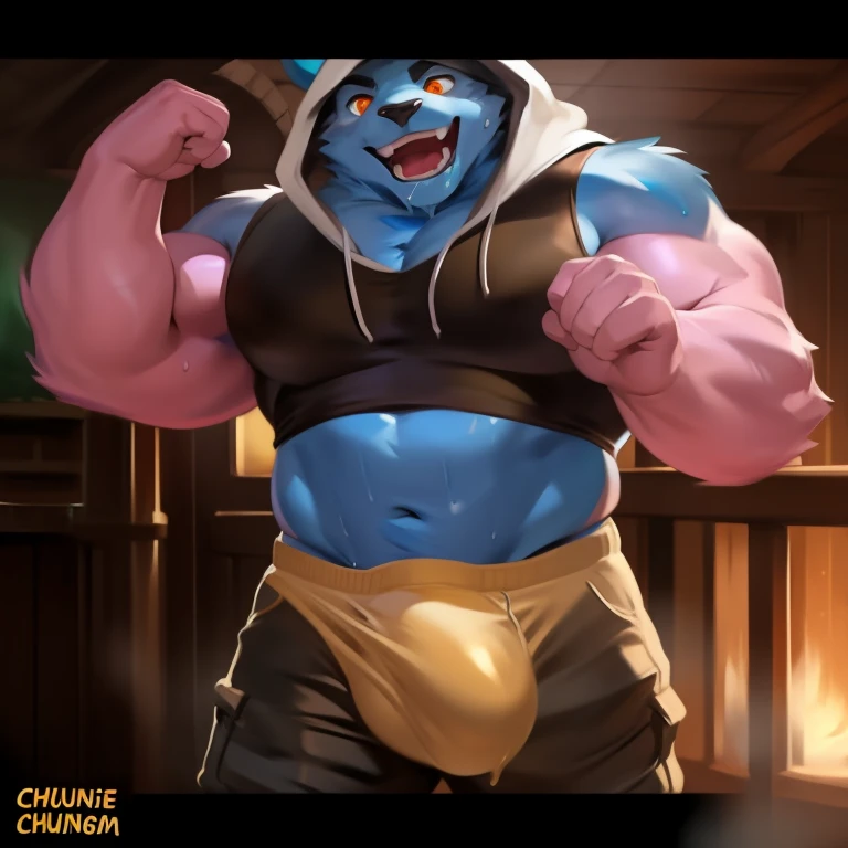 Solo, male, standing, heavy bulge, detailed crotch, shiny tight rubber speedo, bull, pink fur, blue body, slime body, translucent body, very Buff, bulging veins all over body, orange eyes, detailed eyes, detailed hands, flexing big muscles, big face, big head, open mouth, detailed mouth, detailed maw, saliva, steam, sweat, sweaty, by chunie, by darkgem, by glitter trap boy, cargo shorts, white tank top, wearing gold and around neck, the hood, other furry animals with buff masculine bodies amd saggung pants