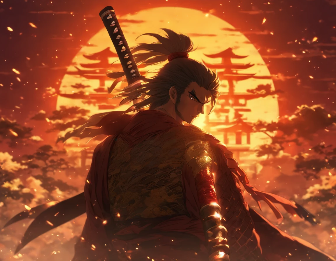 An exquisite and ornate katana, sun background