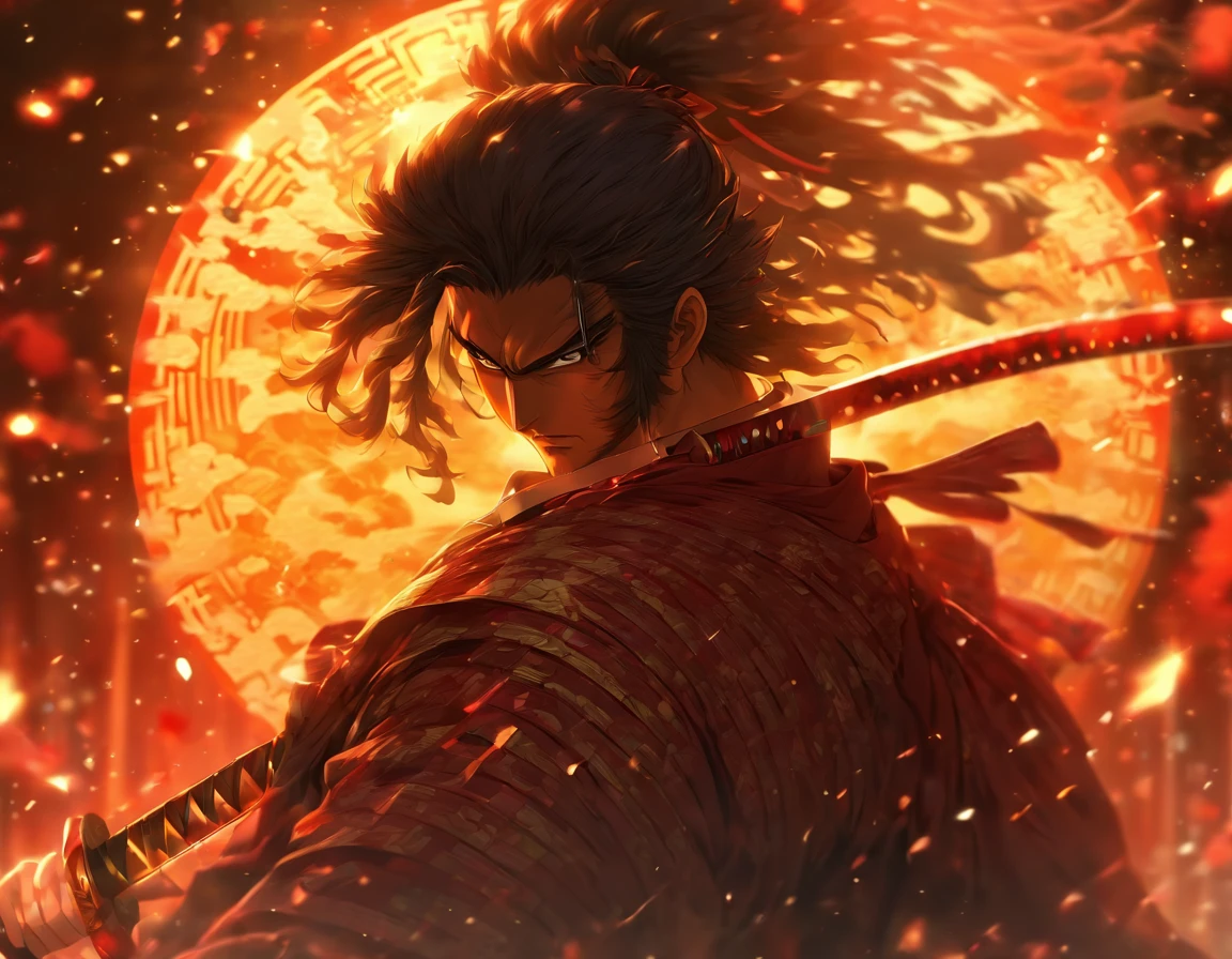 An exquisite and ornate katana, sun background