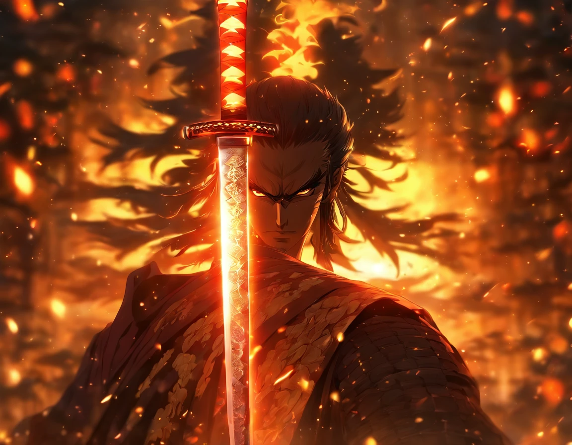 An exquisite and ornate katana, sun background