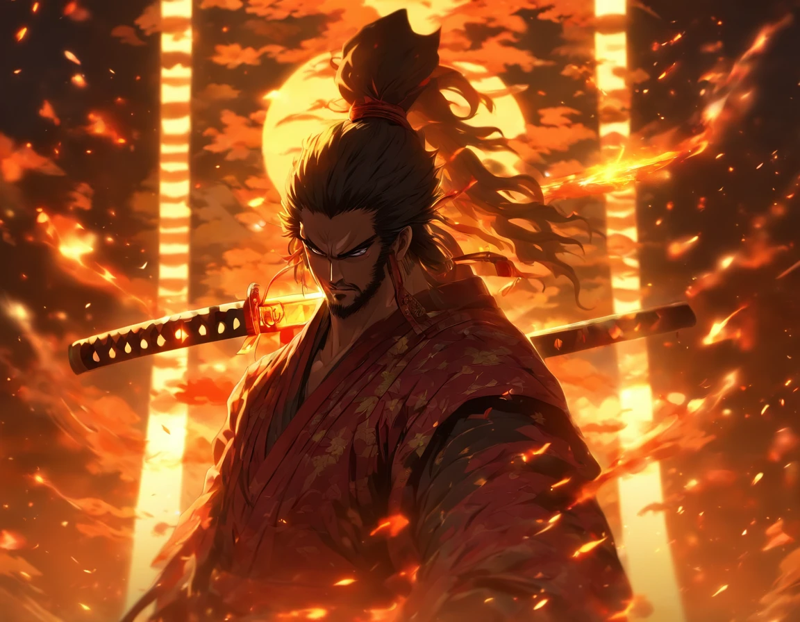 An exquisite and ornate katana, sun background