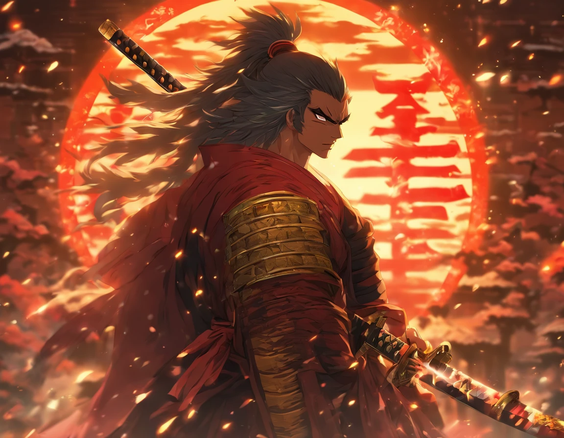 An exquisite and ornate katana, sun background