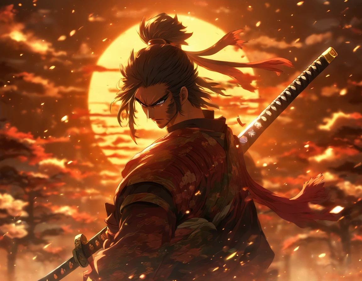 An exquisite and ornate katana, sun background