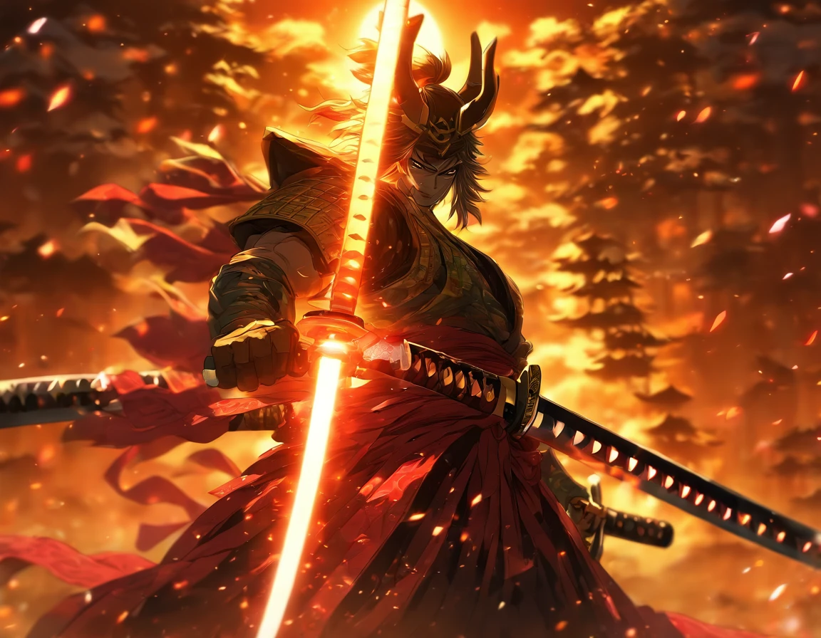 An exquisite and ornate katana, sun background
