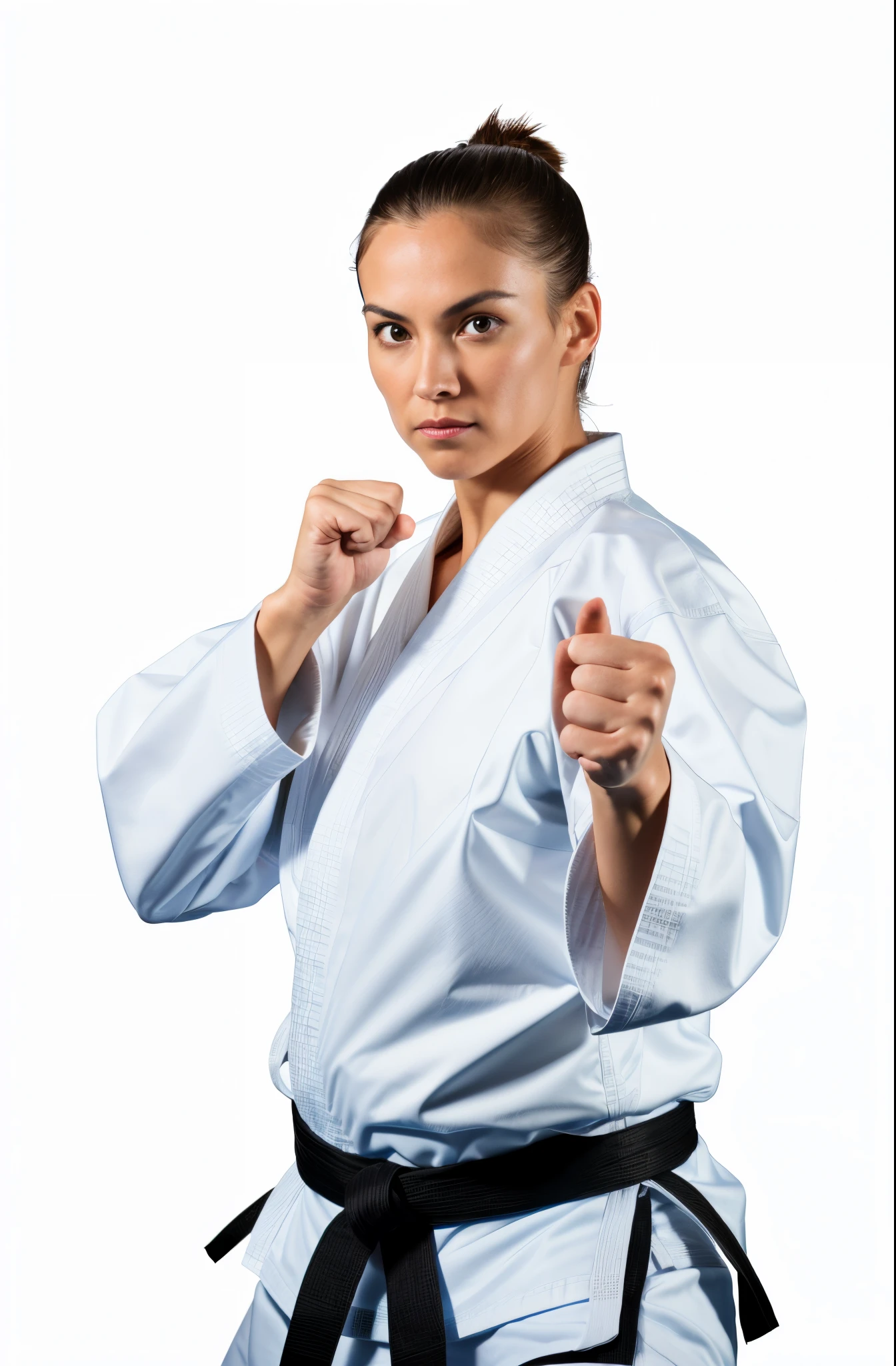 there is a woman in a karate outfit posing for a picture, in a fighting pose, fighting stance, confident action pose, karate pose, fighting pose, in a fighting stance, fighter pose, martial art pose, fighting posture, wearing a white gi, she is ready to fight, doing martial arts, posing ready for a fight, fight pose, in an action pose