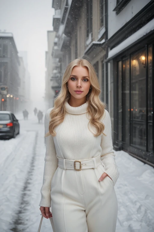 professional portrait photograph of a gorgeous blond woman in winter clothing with very long wavy blond hair, sultry flirty look, 27 years old,very good body,realistic skin texture,skin blemishes, skin wrinkles, gorgeous symmetrical face, cute natural makeup, wearing elegant warm winter fashion clothing, ((standing outside in snowy city street)), stunning modern urban environment, ultra realistic, concept art, elegant, highly detailed, intricate, sharp focus, depth of field, f/1. 8, 85mm, medium shot, mid shot, (((professionally color graded))), bright soft diffused light, (volumetric fog), trending on instagram, hdr 4k, 8k