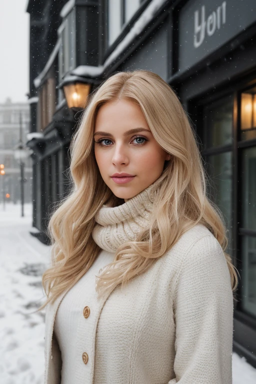 professional portrait photograph of a gorgeous blond woman in winter clothing with very long wavy blond hair, sultry flirty look, 27 years old,very good body,realistic skin texture,skin blemishes, skin wrinkles, gorgeous symmetrical face, cute natural makeup, wearing elegant warm winter fashion clothing, ((standing outside in snowy city street)), stunning modern urban environment, ultra realistic, concept art, elegant, highly detailed, intricate, sharp focus, depth of field, f/1. 8, 85mm, medium shot, mid shot, (((professionally color graded))), bright soft diffused light, (volumetric fog), trending on instagram, hdr 4k, 8k