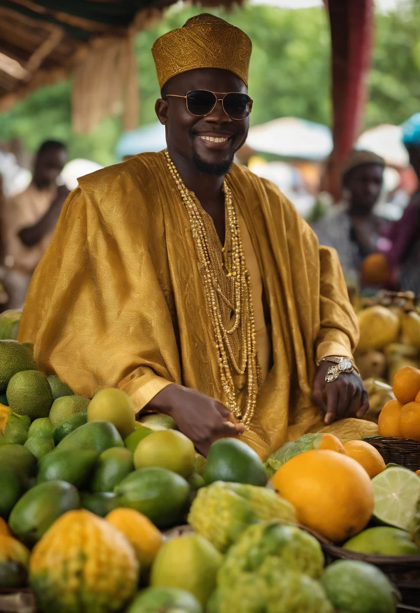 Adekunle is practicing traditional Thai fruit carving at a bustling market,original,Prince Adekunle Adebayo, a fictitious Nigerian royal, portrays himself with an aura of elegance and persuasive charm. He’s often seen in opulent, traditional Nigerian robes, his appearance crowned by a confident, yet earnest expression, designed to evoke trust and sympathy., male