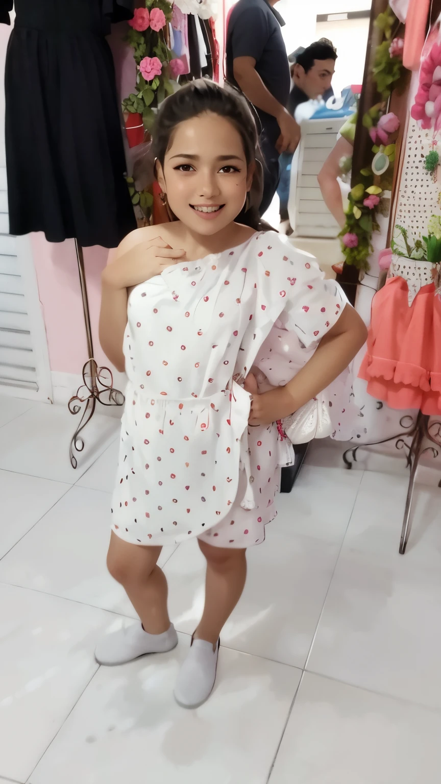 garota arafada em um vestido branco em frente a um cabideiro, usando vestido, by Amelia Peláez, Directed by: Emma Rios, usando um vestido branco bonito, usando um vestido, com vestimenta fashion, usando toga, vestido curto, em um vestido, Directed by: Nandor Soldier, full body cute young lady