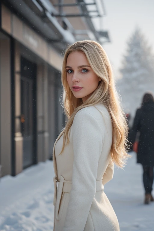 professional portrait photograph of a gorgeous blond woman in winter clothing with very long wavy blond hair, sultry flirty look, 27 years old,very good body,realistic skin texture,skin blemishes, skin wrinkles, gorgeous symmetrical face, cute natural makeup, wearing elegant warm winter fashion clothing, ((standing outside in snowy city street)), stunning modern urban environment, ultra realistic, concept art, elegant, highly detailed, intricate, sharp focus, depth of field, f/1. 8, 85mm, medium shot, mid shot, (((professionally color graded))), bright soft diffused light, (volumetric fog), trending on instagram, hdr 4k, 8k