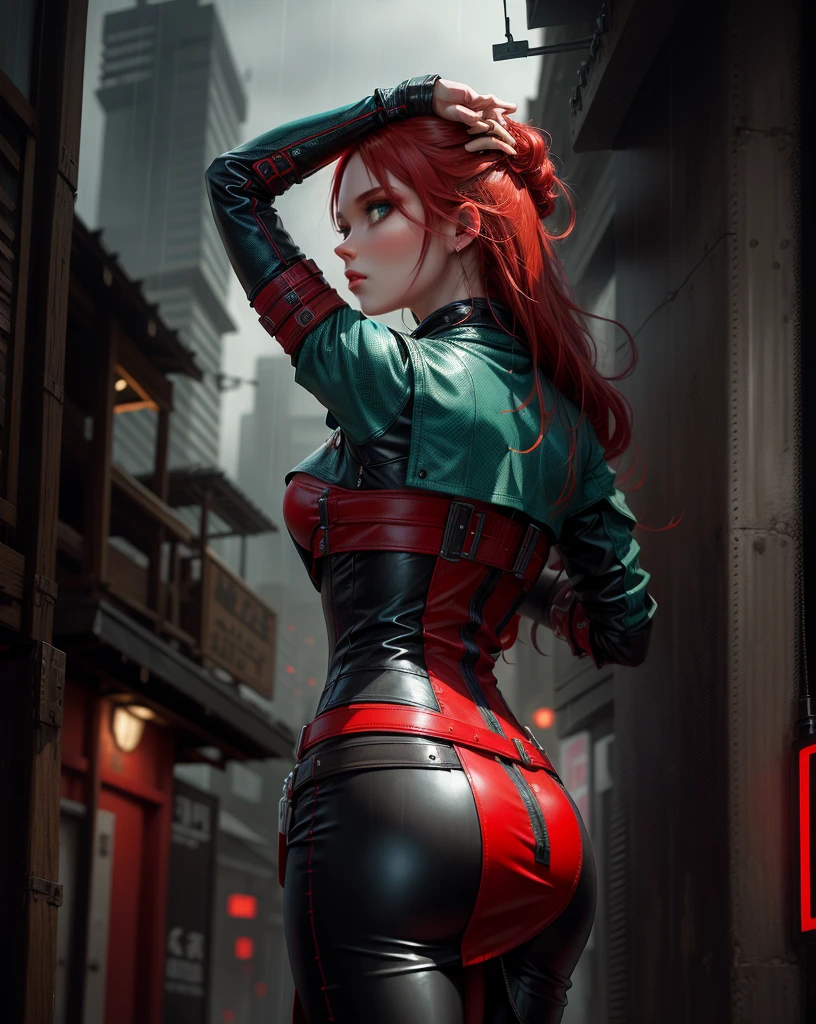 a young girl with big green eyes, red hair, a leather suit, in the style of the assassin's creed, Tokio at night in the background, ((rain))), white and red, pixelated realism, detailed character expressions, (((dark cyan and red))), fairycore