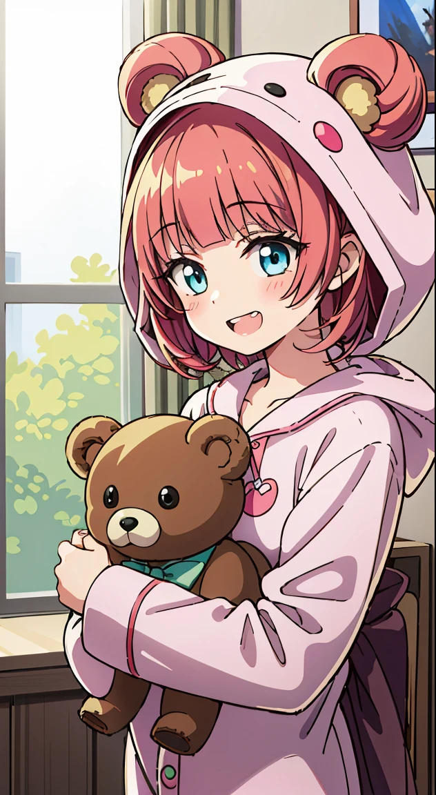 (((masutepiece, Rembrandt))), (Best Quality, photographrealistic, Hyper realistic, superfine illustration, 超A high resolution, Extremely detailed, Realistic background, Detailed background, Large_filesize:1.2), 

BREAK,



1 beautiful girl, (7 year old girl), 1 beautiful girl, (Cute:1.5), (Chibi: 0.8), (kawaii: 1.5), (Lori: 1.5), (17 years old girl), BREAK(Red hair, short-hair,2 hair buns,Blunt bangs:1.4),(:D,grin:1.3),BREAK,{Heterochromia,pale blue eyes,pale green eyes, Eye Highlights,The first hyperfine stars:1.5},star eye silhouette,(long eyelashes, Double eyelids:1.2),(de pele branca),BREAK,Clear skin,Beautiful skin, ,(best quality face),(Top quality glowing eyes), (The best smile,Doya face:1.45), Sleepy face, BREAK (Pink Theme:1.4), (Vivid colors:1.3), (bear ear hooded pajamas:1.45), hugging a teddy bear, Sparkle effect, random colored petals, Many petals, Fluttering petals, prismatic effects,

BREAK,(morning), inside in room,Gothic bedroom, a canopy bed,huge window,naked girl poster,coke,on  back, tusk, Open mouth, Looking away,depth of fields,

 BREAK,wakame,wakame,wakame,(Cowboy Shot:1.4), 

BREAK,(Blurry background:1.3),(absurderes, hight resolution, Super Detail Art),cel shading,Clear Color, Lonely optical effect, Beautiful pictures, Bright glow, mystic atmosphere,(Close-up of girl:1.1), Mystical light particle effect,manga influence, clean line drawings,
