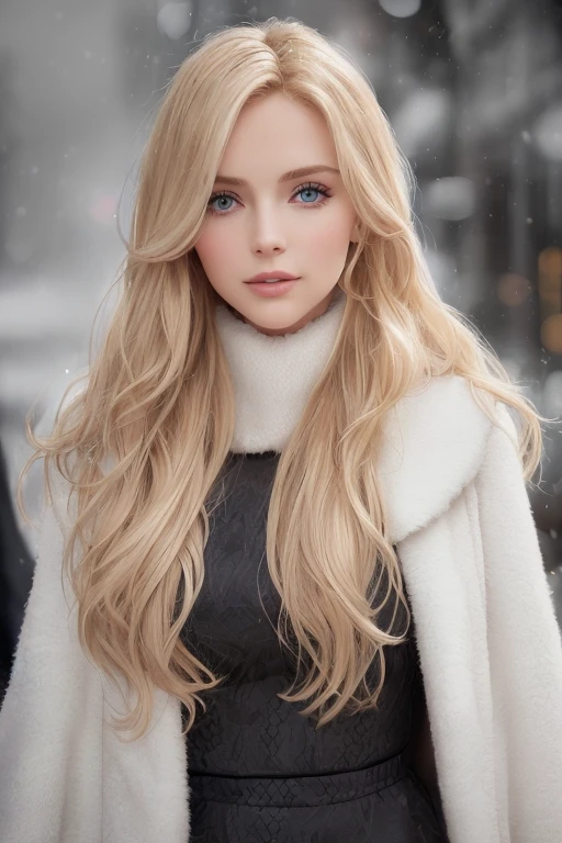 professional portrait photograph of a gorgeous blond woman in winter clothing with very long wavy blond hair, sultry flirty look, 27 years old,very good body,realistic skin texture,skin blemishes, skin wrinkles, gorgeous symmetrical face, cute natural makeup, wearing elegant warm winter fashion clothing, ((standing outside in snowy city street)), stunning modern urban environment, ultra realistic, concept art, elegant, highly detailed, intricate, sharp focus, depth of field, f/1. 8, 85mm, medium shot, mid shot, (((professionally color graded))), bright soft diffused light, (volumetric fog), trending on instagram, hdr 4k, 8k