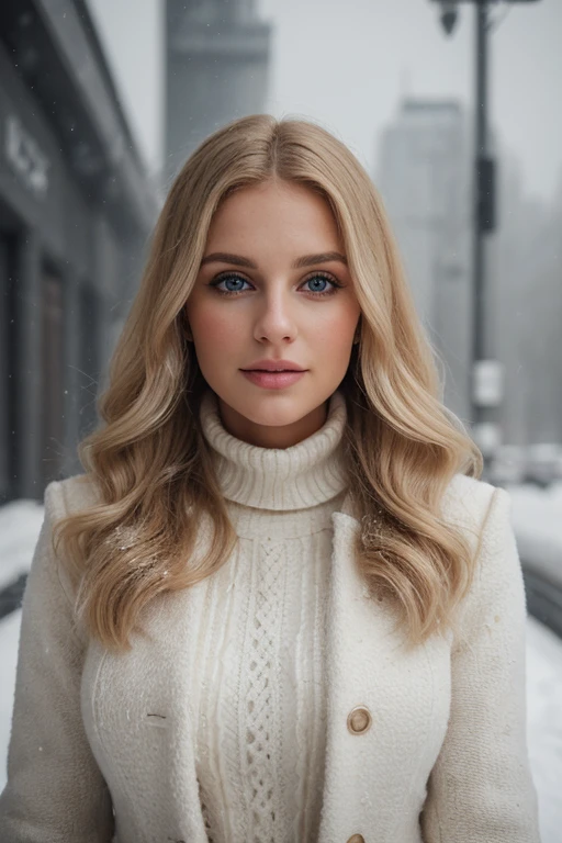 professional portrait photograph of a gorgeous blond woman in winter clothing with very long wavy blond hair, sultry flirty look, 27 years old,very good body,realistic skin texture,skin blemishes, skin wrinkles, gorgeous symmetrical face, cute natural makeup, wearing elegant warm winter fashion clothing, ((standing outside in snowy city street)), stunning modern urban environment, ultra realistic, concept art, elegant, highly detailed, intricate, sharp focus, depth of field, f/1. 8, 85mm, medium shot, mid shot, (((professionally color graded))), bright soft diffused light, (volumetric fog), trending on instagram, hdr 4k, 8k