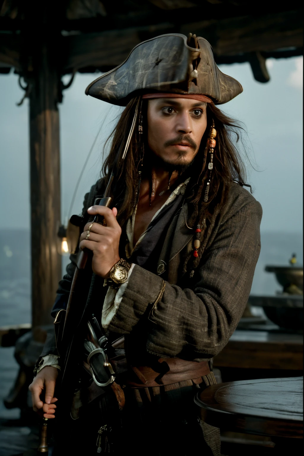 巨作, (Futurialista: 1.5), better quality, complex details, (detailed face, detailed clothes) beautiful lighting, real life, Jack Sparrow, only, according to the offer, Brown hair, long-sleeved, 1Child, Hat, Weapon, male focus, In a restaurant as a waiter, Catering, Old face, ocean, rope, A gun, beard, complex, highly detail, sharp focus, dramatic, a pretty girl, (raw photos, 8K UHD, grain du film), Caustic, Subsurface dispersion, reactions