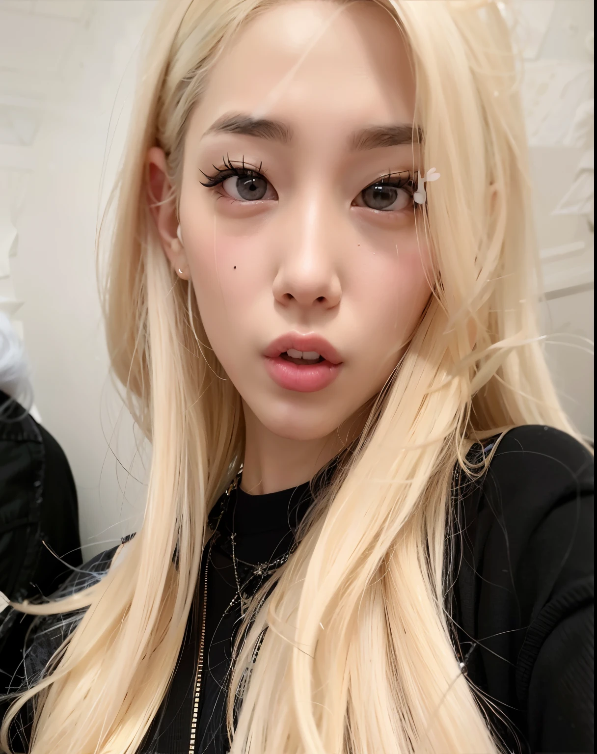 uma mulher com longos cabelos loiros e um top preto, menina coreana, Parque Roseanne do Blackpink, very very pale blond hair, Mulher sul-coreana bonita, maquiagem sul-coreana popular, wan adorable korean face, maquiagem coreana popular, extremely pale blond hair, korean face features, korean symmetrical face, beautiful aesthetic face, pale round face, her hair is white, Ulzzang