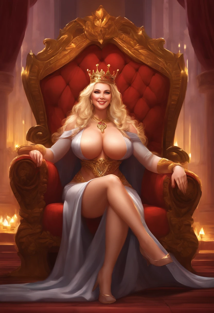 queen, sitting on throne, beautiful, navel, abs, royalty, anime, high definition, gigantic breasts, huge breasts, happy, smiling, gorgeous, photo realistic style, thick thighs, hot, sexy, blonde, nude