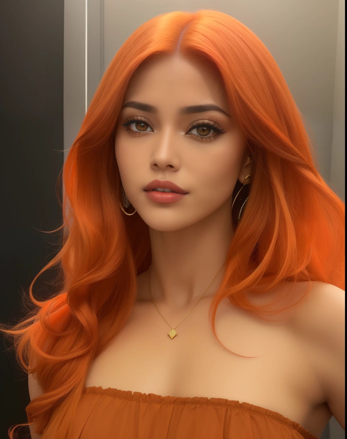 mulher arafa com longos cabelos ruivos e vestido marrom, pele laranja e cabelo ardente longo, Madison Beer como Leeloo, ela tem cabelos longos e redorange, Ela tem longos cabelos castanhos alaranjados, cabelo laranja brilhante, orange flowing hair, cabelo laranja longo, orange hair, peruca vermelha, longos cabelos ondulados laranja, Deusa dos cabelos ruivos, cabelo laranja brilhante