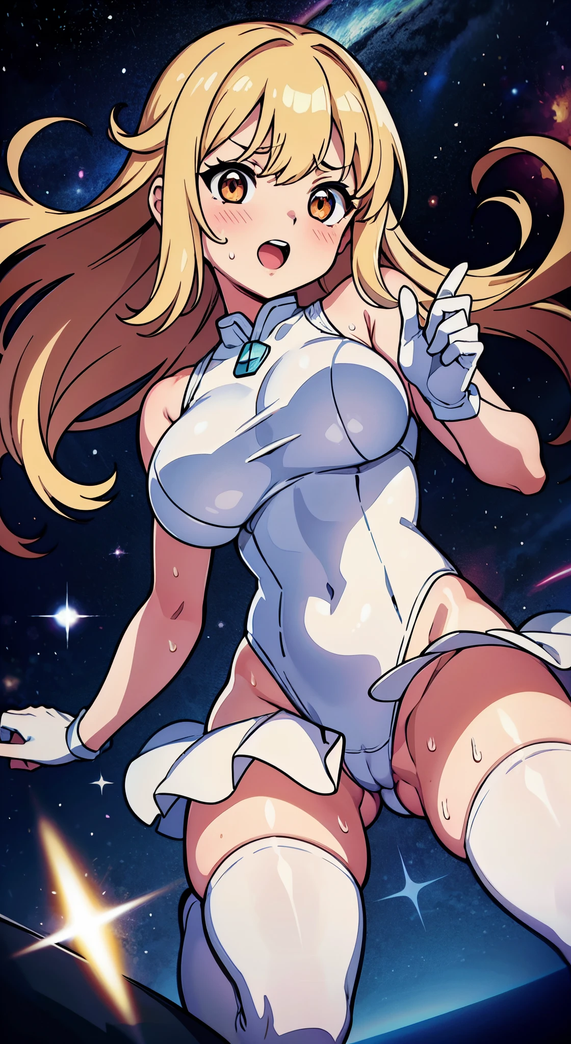 hiquality、 K、Huge breasts,Parted bangs hair, glares, blush,Long hair, Brown eyes,Golden head hair,adult woman,Sweat,,white glove,OL、highleg leotard,White and light blue leotard、Light blue mini skirt、Electronic space、Jumping、Extend your right hand forward、Holding a card in your left hand、I have my mouth wide open