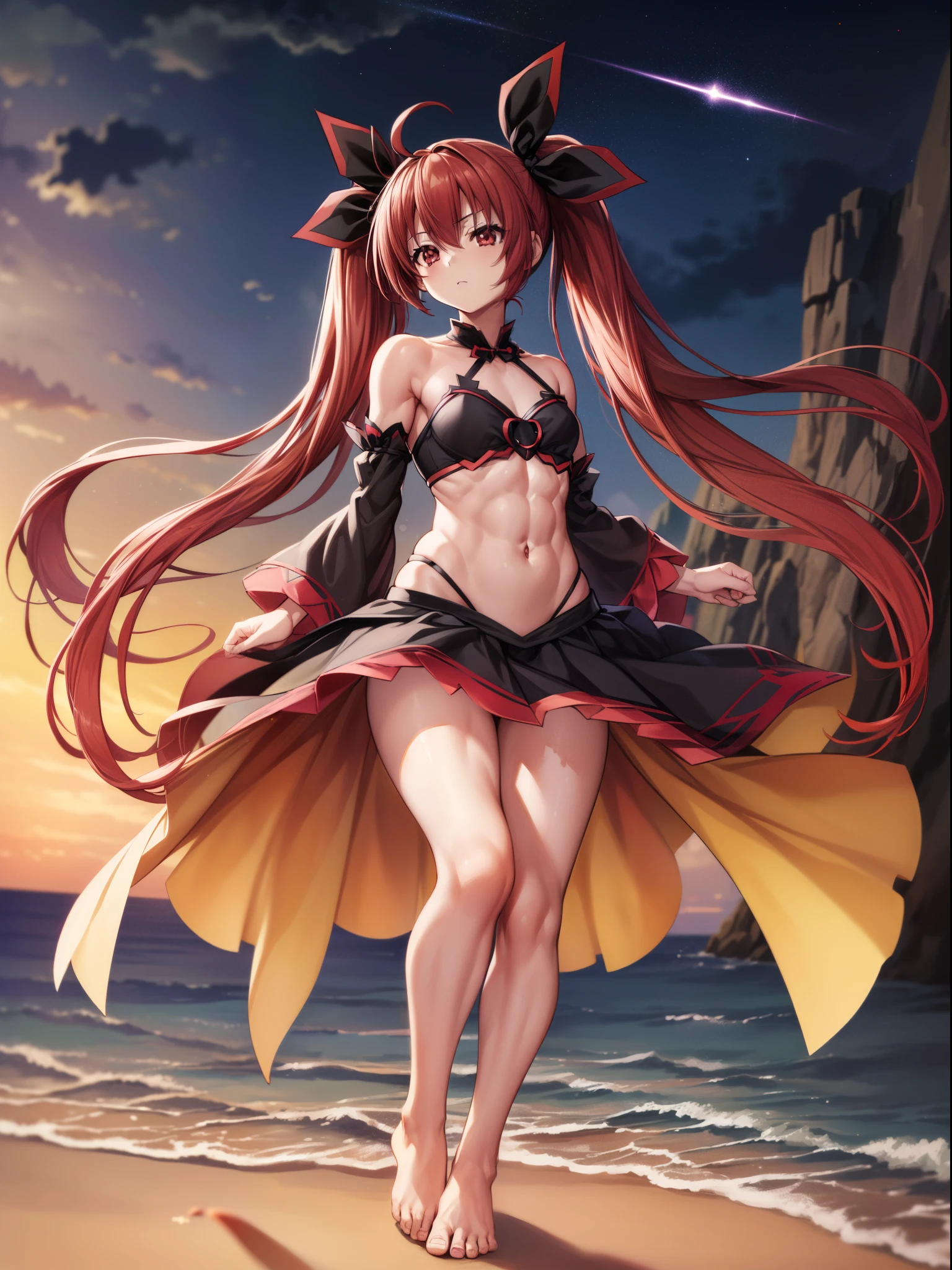 (1 girl), Kotoriitsuka, Kotori Itsuka, Long hair, (((Red eyes:1.5))), twintails, red hair, Ahoge, (flat :1.2), ((Twin tails)))(, hair ribbon , black ribbon, looking at the viewer, beach scene with starry sky and full moon in the sky, , muscular thighs, muscular belly, wide , slim waist, standing, barefoot, full body photo, (master piece :1.2), best quality, very high resolution, Unity 8k wallpaper, (插圖:0.8), (beautiful detailed eyes:1.6), Extremely detailed face, perfect lighting, extremely detailed CG, (perfect hands, perfect ),