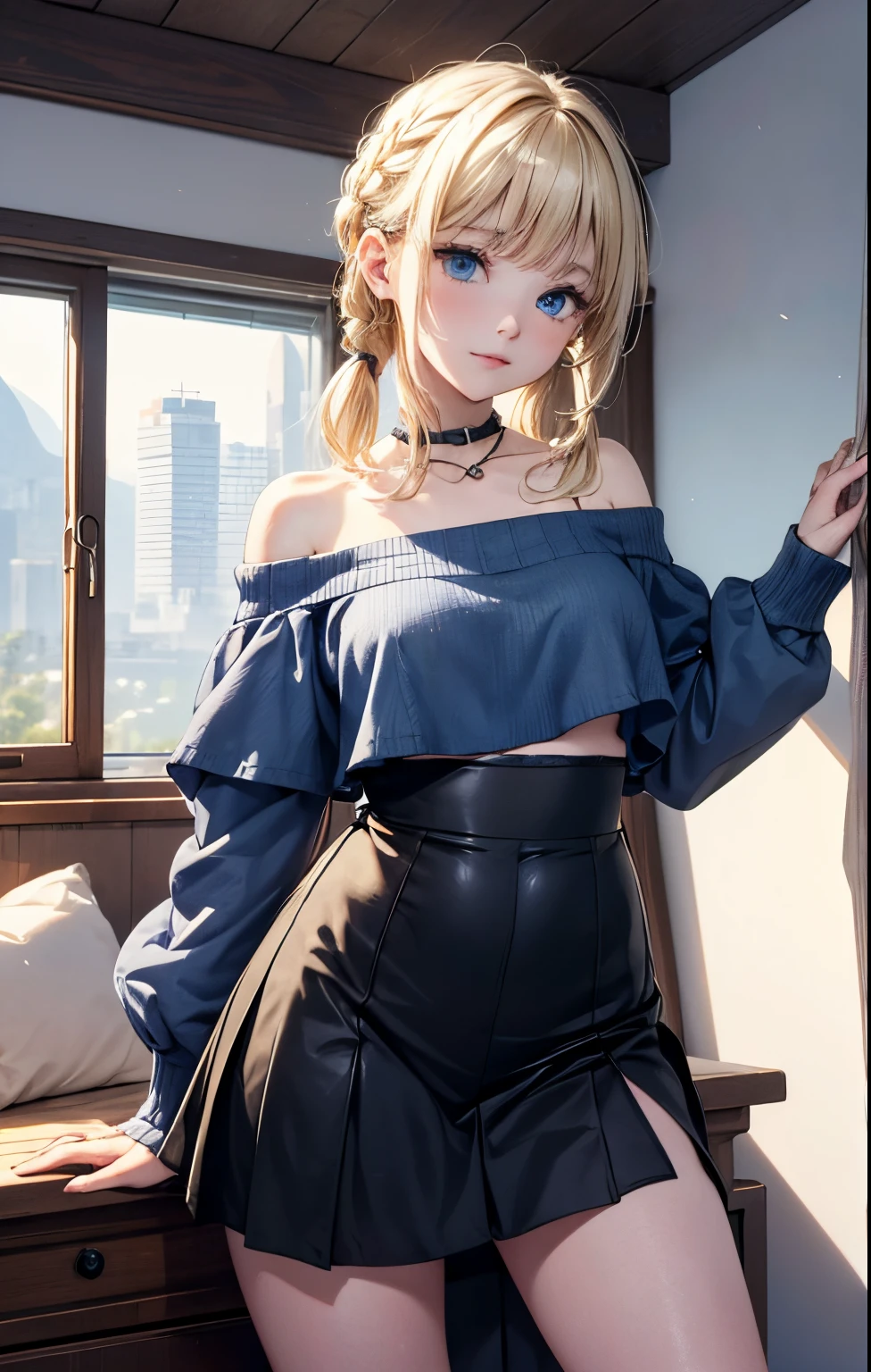 (​masterpiece),(top-quality:1.2),1girl in,(masuter piece:1.3),exquisitedetails, Highest quality 8K resolution, Ultra-detailed, Realistic, Vibrant colors, Soft tones, With warm and gentle lighting,(Black Off-Shoulder Knit:1.3),(Long skirt in green:1.5,) (short twin-tailed blonde hair:1.5),(Hair parted in the middle:1.3),(Glowing hair),(Dark blue eyes:1.3),White skin, hair clips,i&#39;Ever since I was a child, I was always looking at distant scenery., and I can still see the color.tome&#39;displayed on a pure white wall.i&#39;I&#39;ll take you away with the cool breeze.very sweet honey.Let&#39;s grab this never-ending dream with both hands and start rolling away.. i&#39;i&#39;I&#39;m a little crazy on the road、the i&#39;M-Input, Waiting for&#39; Always for the sunrise, Anytime(Or my dream)
I want to melt into your sweetness, Sweet smile.fate grabs me.tome&#39;I'm in a daze, But it looks casual.That place is calling.