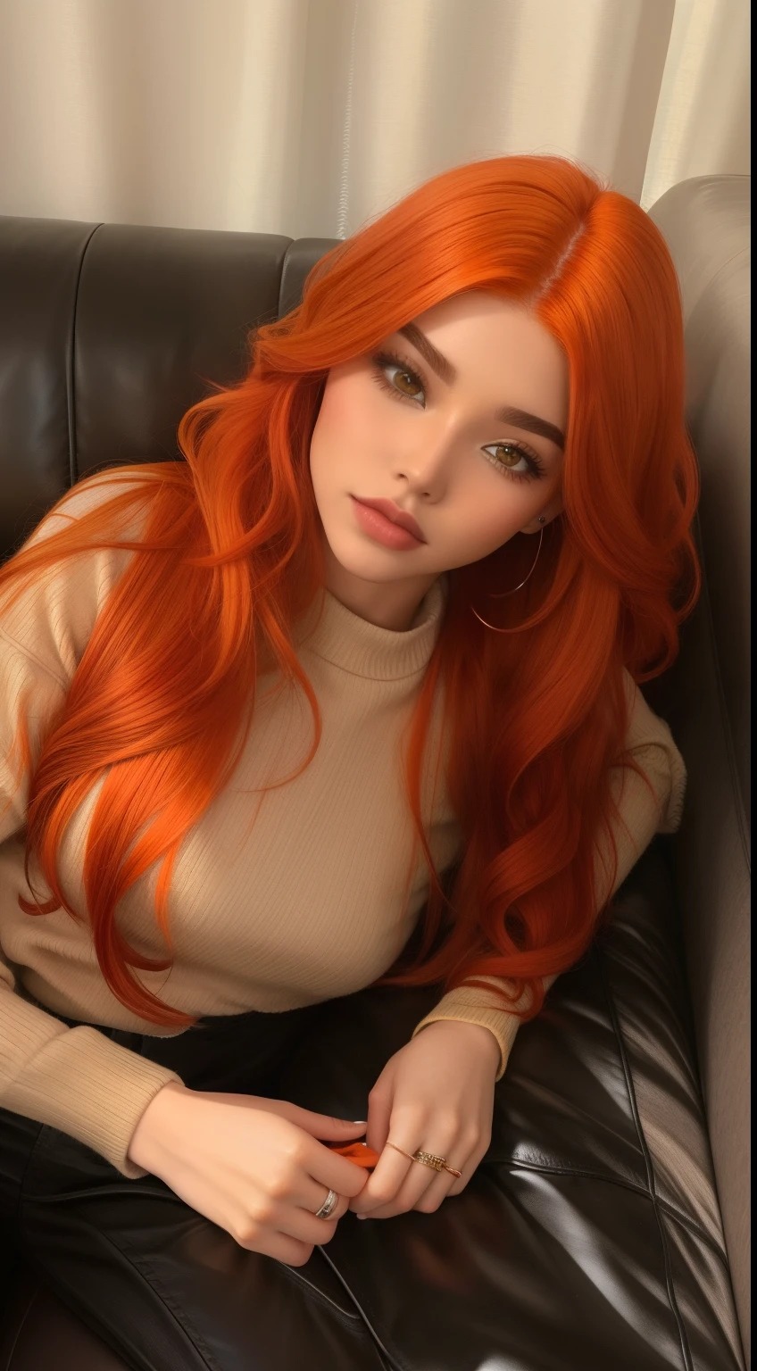 There's a woman with long red hair sitting on a couch, Madison Beer como Leeloo, Ela tem longos cabelos castanhos alaranjados, ela tem cabelos longos e redorange, pele laranja e cabelo ardente longo, cabelo laranja longo, longos cabelos ruivos brilhantes, cabelo laranja brilhante, ela tem cabelos ruivos, cabelos longos coloridos enferrujados, orange hair, peruca vermelha, she is redhead