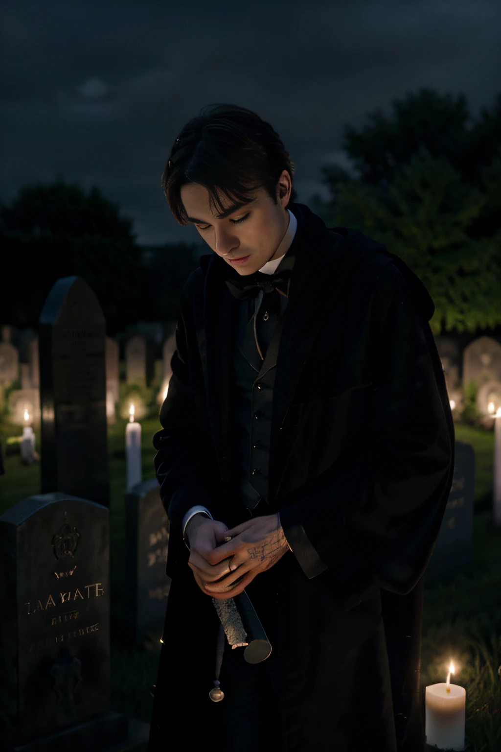 Maxence Dana Fauvel as Tom Riddle in a black robe looks into the grave, At the cemetery, It's dark night, candlelight