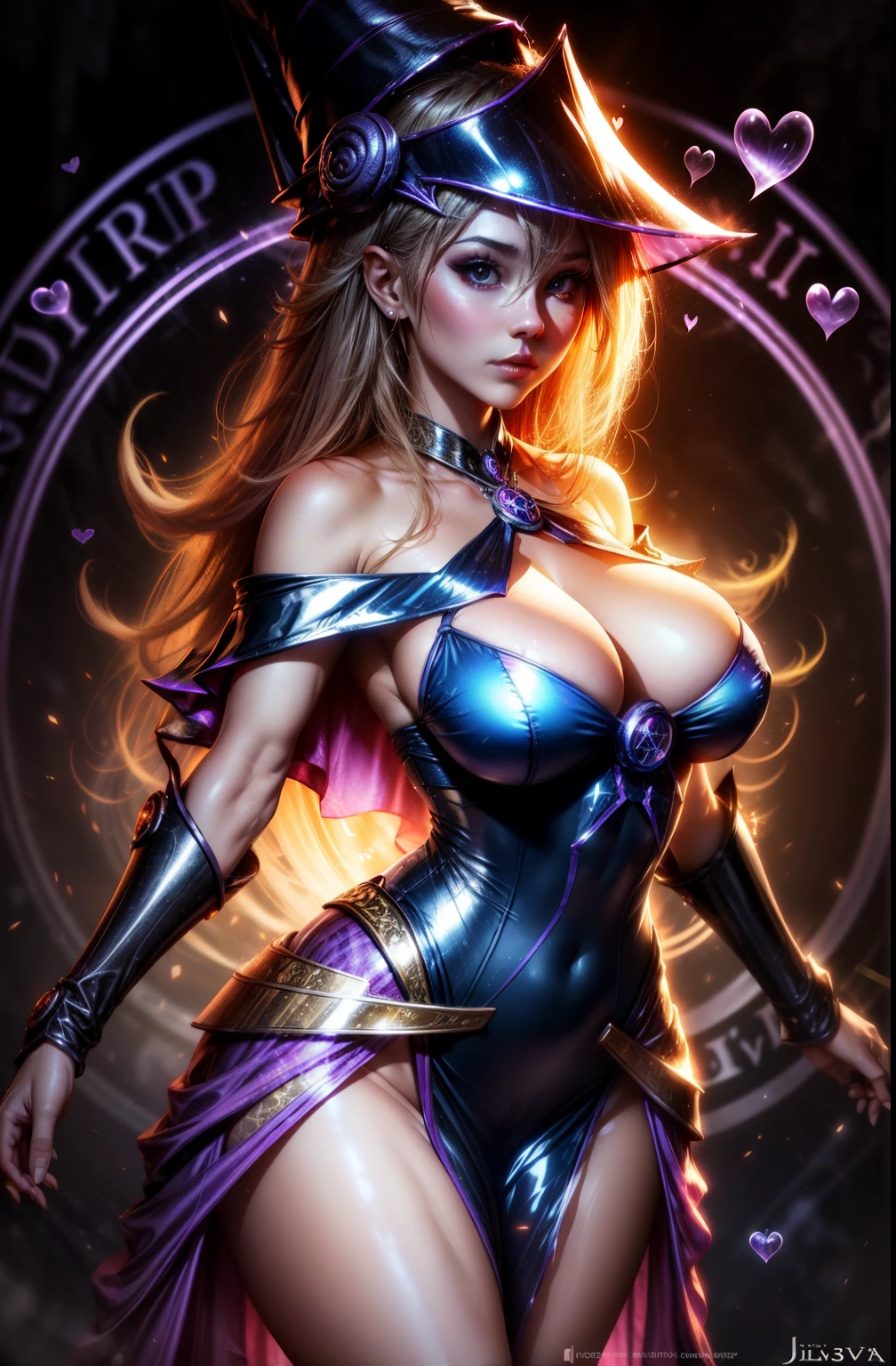 Dark Wizard Gils Translucent In Dress. Sujestiva y posando sexy. Background of hearts and magic in circles....