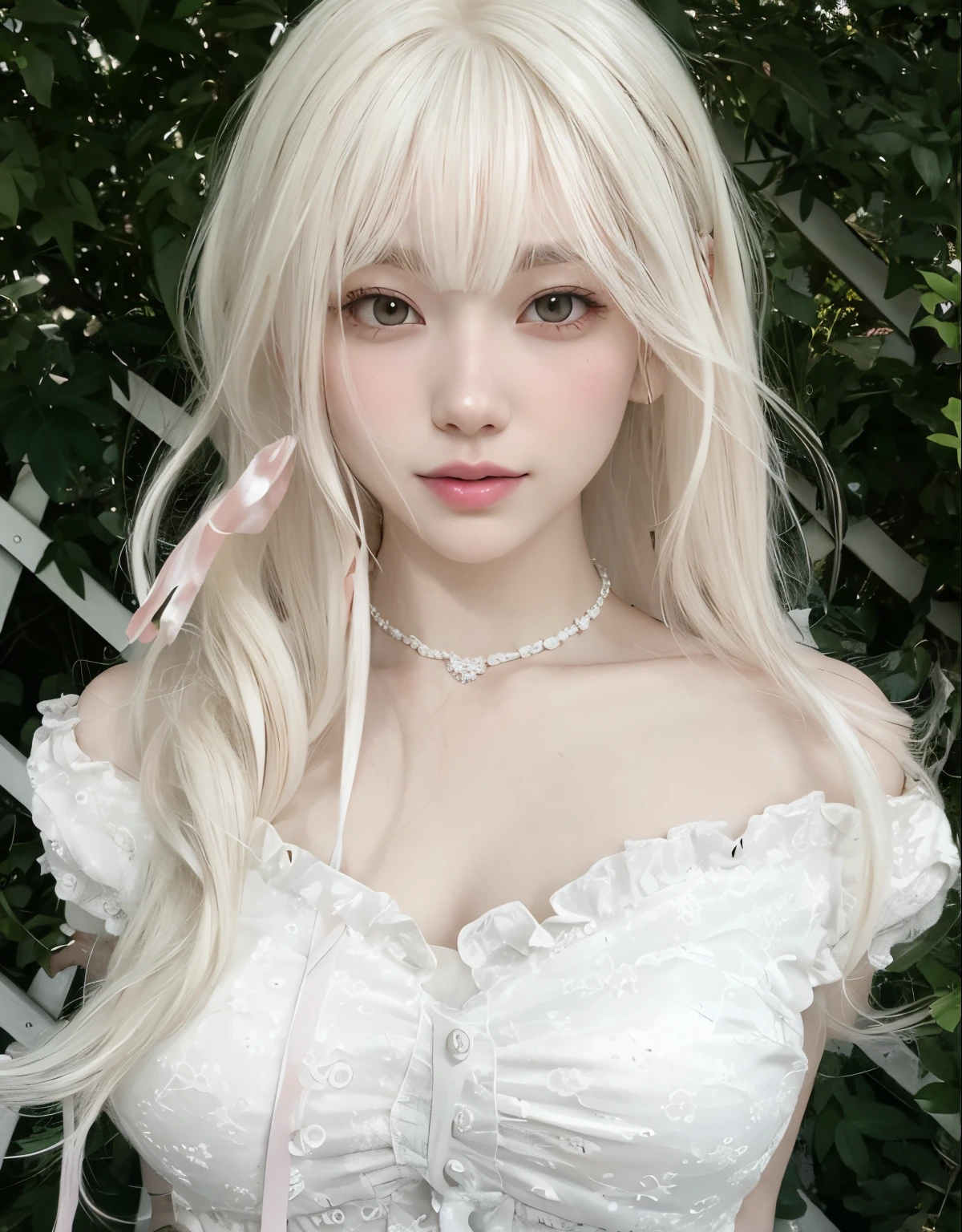 Chica de pelo rubio con vestido blanco y cinta rosa posando para la foto., Peinado blanco de corte hime, Cabello largo y blanco y flequillo, con pelo largo blanco, con el pelo largo y blanco, pale milky white porcelain skin, pale porcelain white skin, extremely pale blond hair, flequillo blanco, ulzzang, cabello rubio muy, very pale, Chica con el pelo blanco, Su cabello es blanco