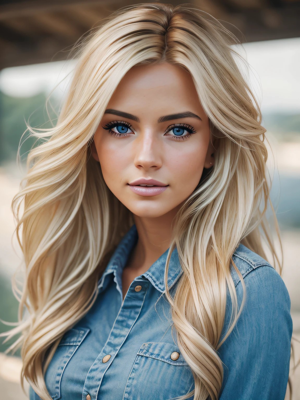 Photorealistic of a insanely beautiful woman with blonde windy messy hair, in the style of panasonic lumix s pro 50mm f/1.4, light beige and dark azure, celebrity images mashups, soft realism, barbiecore, unreal engine 5, 32k uhd, luminous quality, swiss realism, niji 5