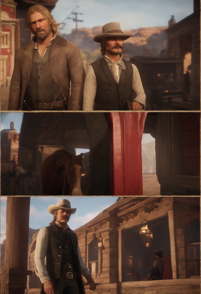 A photo of a bank with broken windows and people running in panic.,Red Dead Redemption 2,Micah has shoulder-length blond hair, along with a thick horseshoe mustache and side-whiskers. Micah is slightly portly and often wears an undone black leather coat, a red or black shirt accompanied by a red vest, a blue neckerchief, beige trousers, and a white hat., male