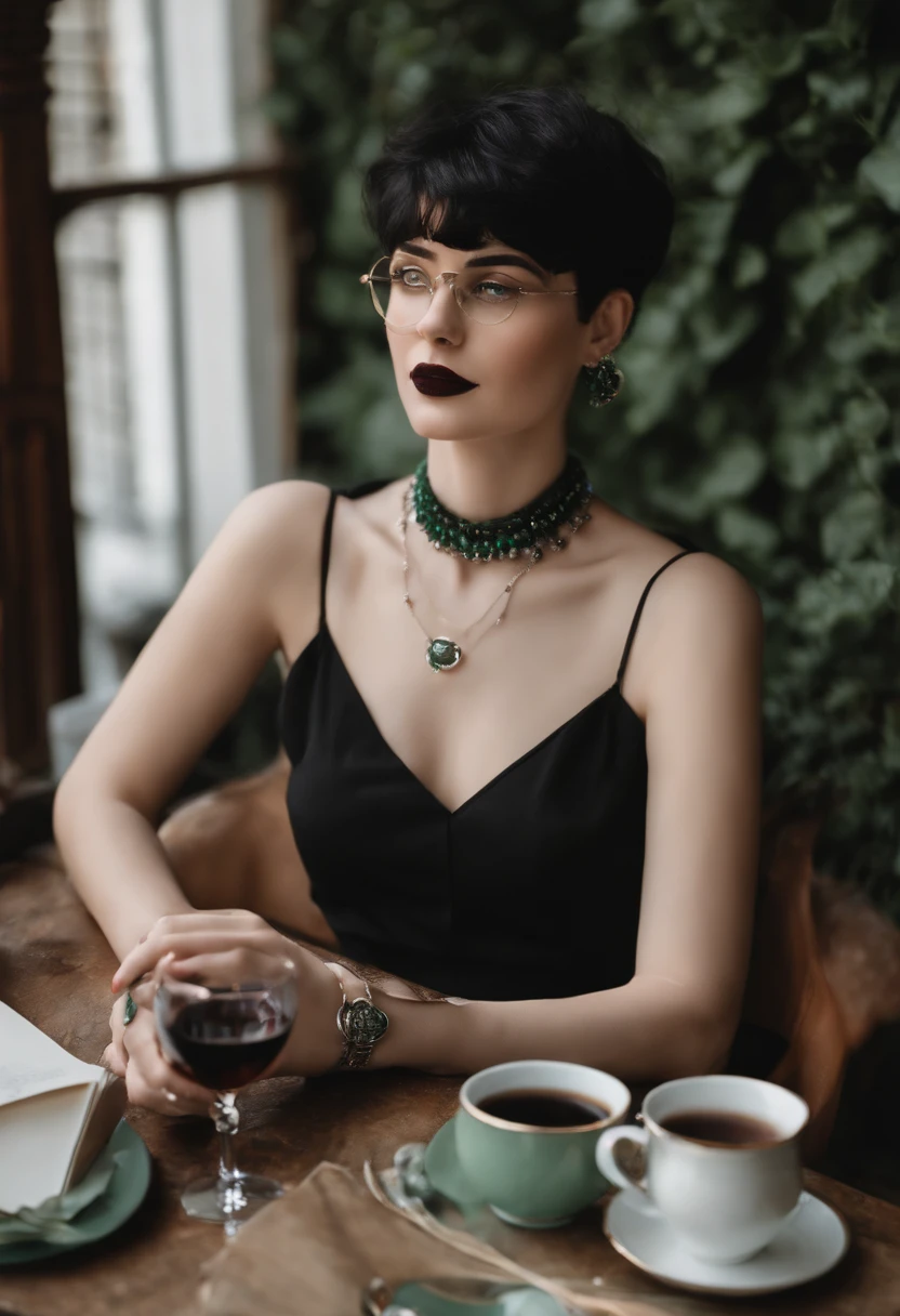 A photo of Vivian sitting at a trendy cafe with a book in one hand and a glass of wine in the other, with a mischievous smirk on her face.,original,Vivian is short, extremely pale, with an hourglass figure, very small breasts, black hair in a pixie cut, brown eyes, winged eyeliner, circle frame glasses, goth aesthetic, wears black and emerald green, wears a dark green and black plaid flannel, wears lots of silver rings, wears chokers and silver necklaces, female