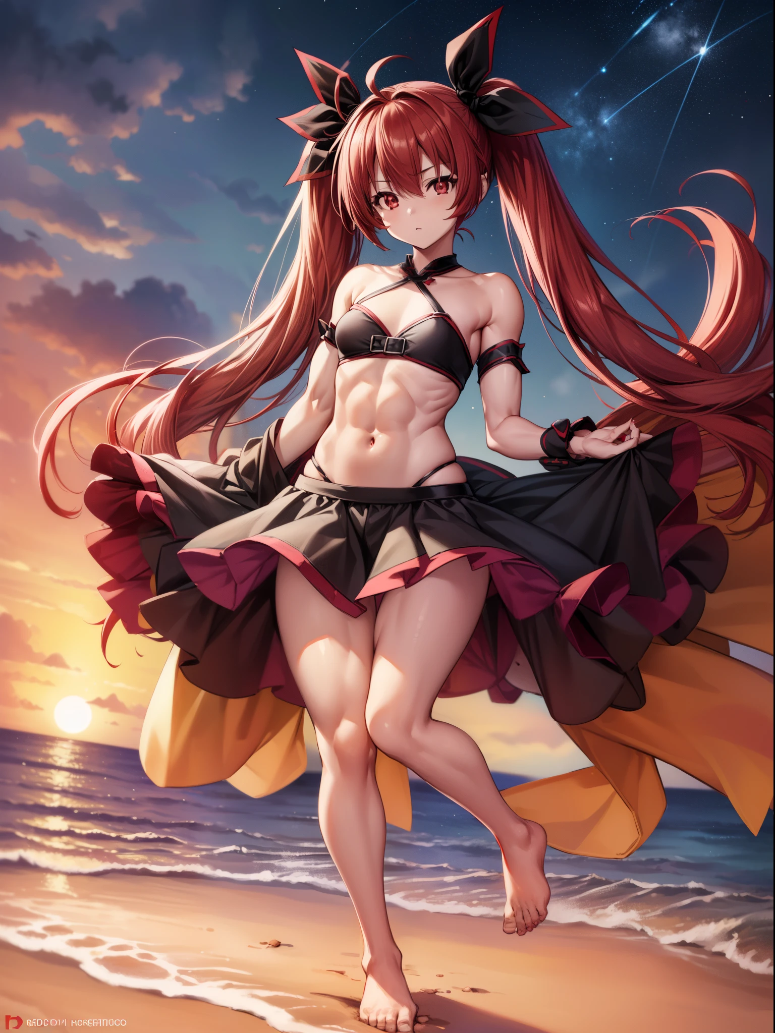 (1 girl), Kotoriitsuka, Kotori Itsuka, Long hair, (((Red eyes:1.5))), twintails, red hair, Ahoge, (flat chest:1.2), ((Twin tails)))(, hair ribbon , black ribbon, looking at the viewer, beach scene with starry sky and full moon in the sky, medium breasts, muscular thighs, muscular belly, wide hips, slim waist, standing, barefoot, full body photo, (master piece :1.2), best quality, very high resolution, Unity 8k wallpaper, (插圖:0.8), (beautiful detailed eyes:1.6), Extremely detailed face, perfect lighting, extremely detailed CG, (perfect hands, perfect anatomy),