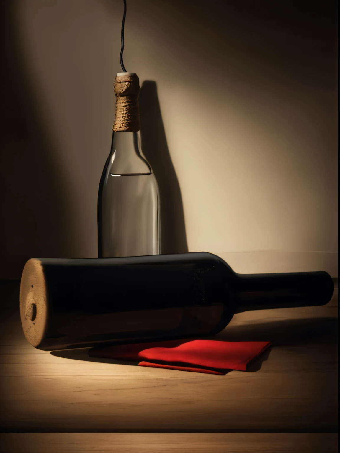 there is a bottle and a rolling pin on a table, red cloth on table, cinematic lighting, cinematic look, dark ambience.