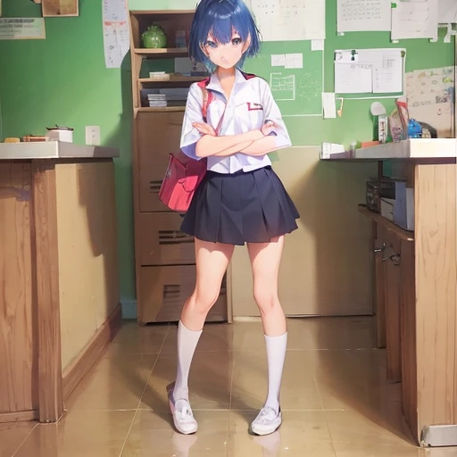 Cute anime girl, girl in Thai student uniform, looks similar to Uzaki yanagi, short hair, blue hair, has a sly face, has fangs, folds her arms, looks forward and tilts 15° to the left. Vitual novel full body.