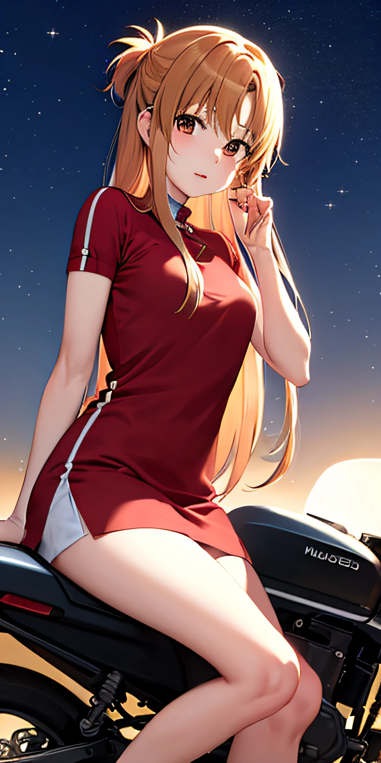 (master part, best quality), Asuna Yuuki sentada em uma moto, looking at the night sky, warm lighting, primeiro plano borrado
