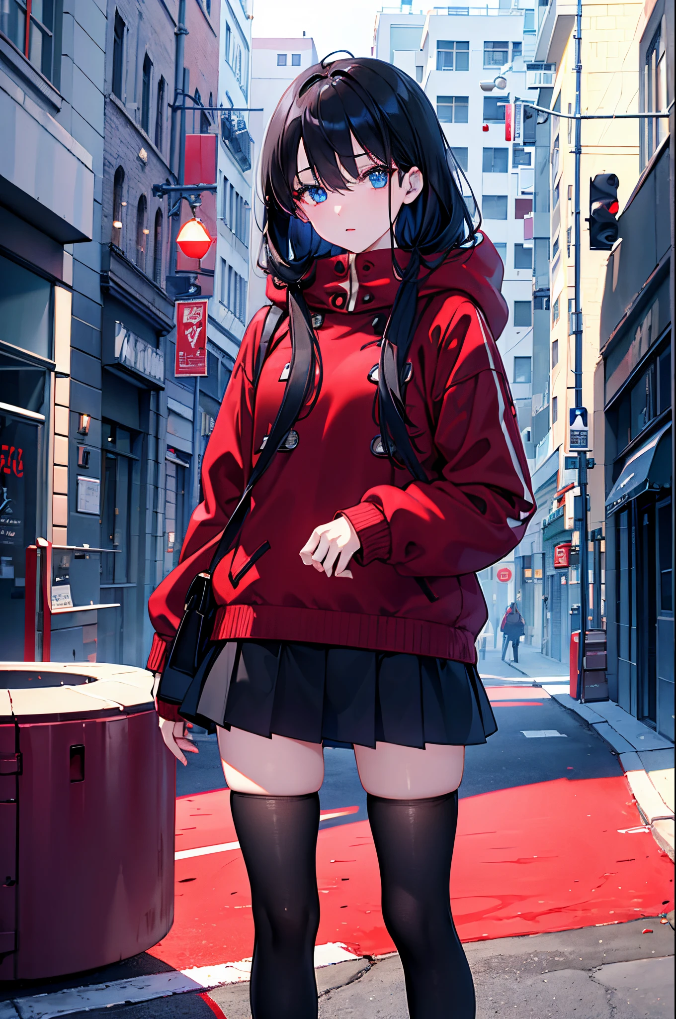 A dark-haired blue eyess Red coat Black tights a miniskirt Sweaters In the street Yuki masterpiece Top image quality denoise Clear cinematic shadow Increased attractiveness of the eyes Clear the shine of the eyes Draw eyelashes neatly Perfect Eye A detailed eye Sharpen image quality Sharpen eye writing Clear eye shape