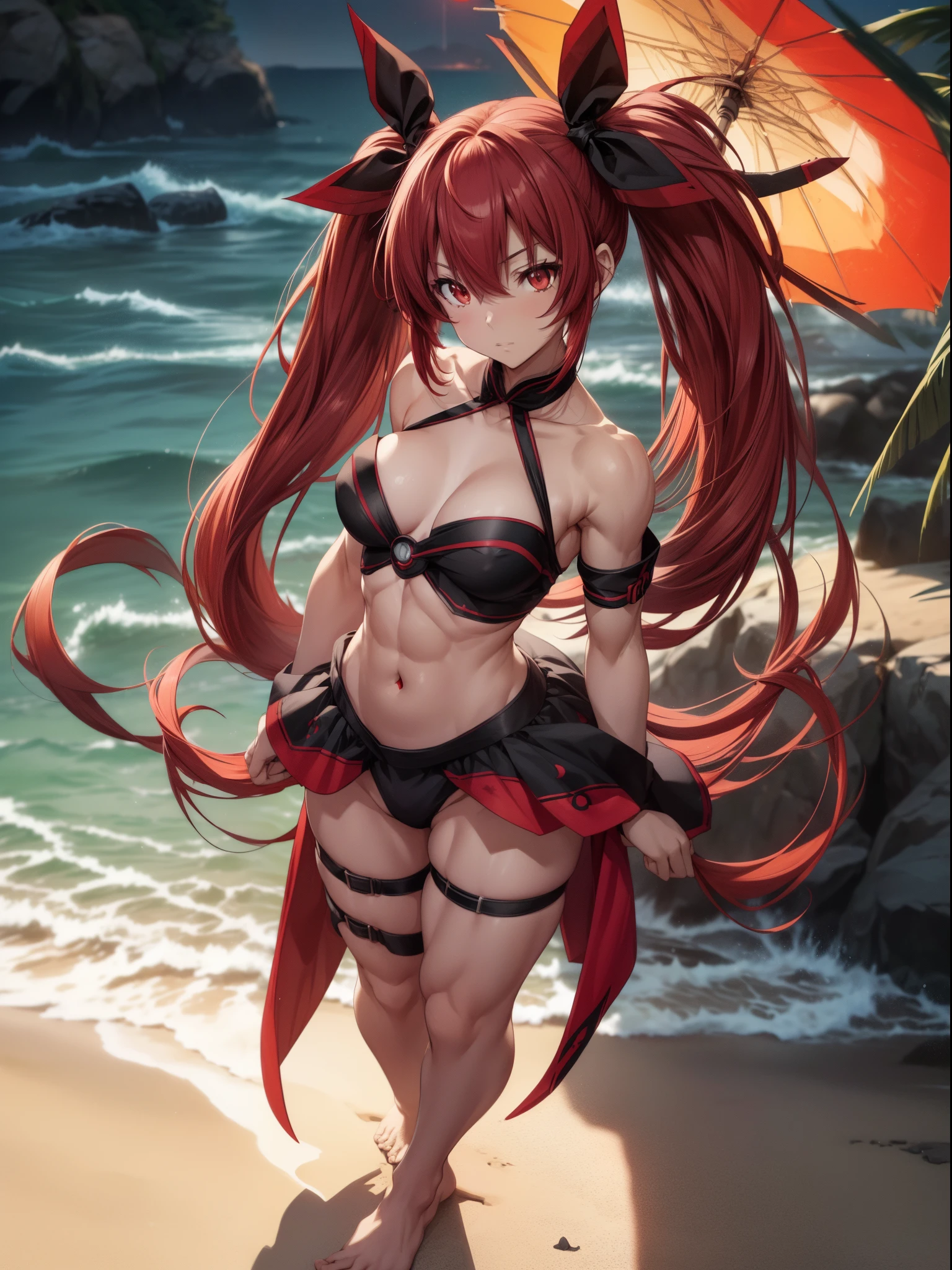 (1 girl), Kotoriitsuka, Kotori Itsuka, Long hair, (((Red eyes:1.5))), twintails, red hair, Ahoge, (flat chest:1.2), ((Twin tails)))(, hair ribbon , black ribbon, looking at the viewer, beach scene with starry sky and full moon in the sky, medium breasts, muscular thighs, muscular belly, wide hips, slim waist, standing, barefoot, full body photo, (master piece :1.2), best quality, very high resolution, Unity 8k wallpaper, (插圖:0.8), (beautiful detailed eyes:1.6), Extremely detailed face, perfect lighting, extremely detailed CG, (perfect hands, perfect anatomy),