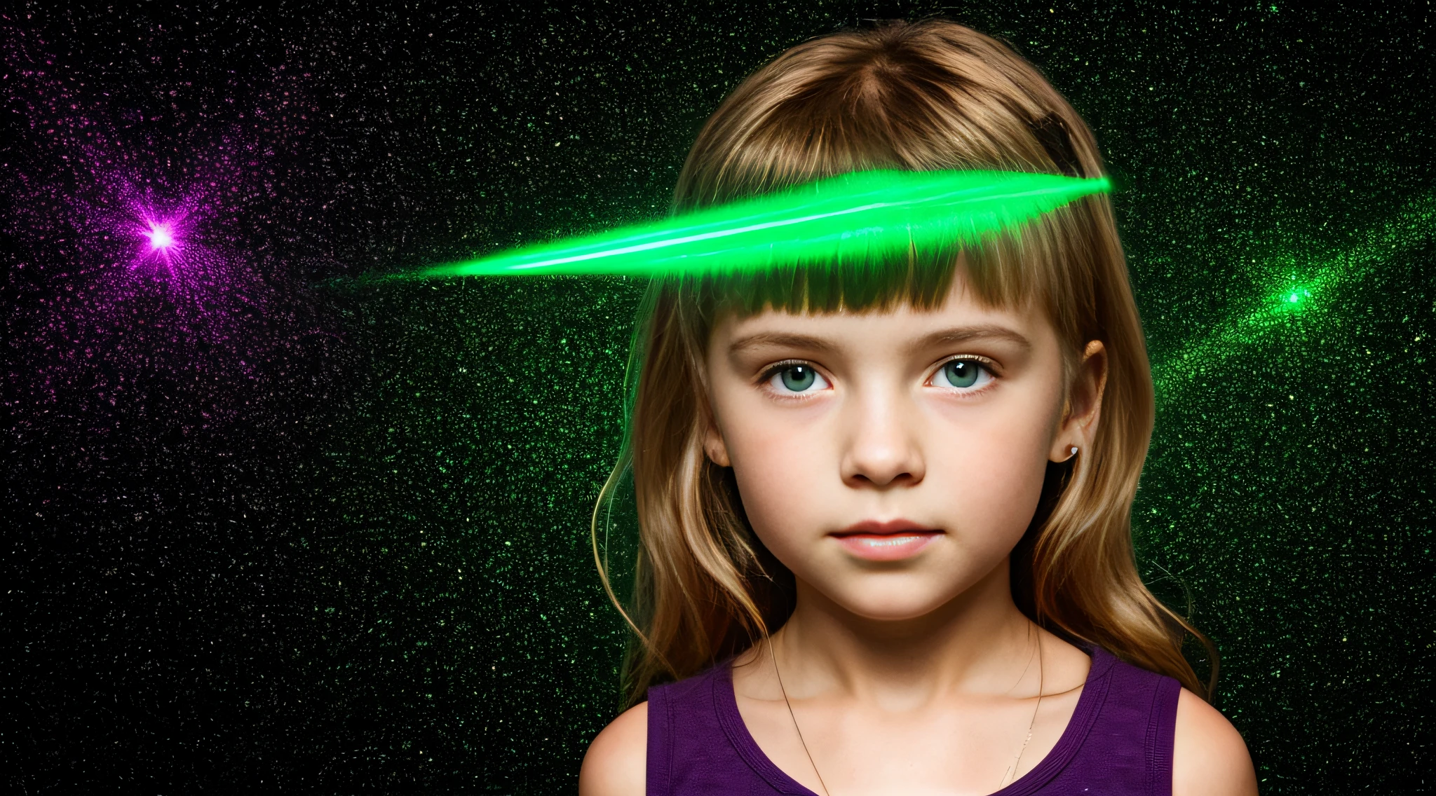 a blonde child girl, com asas em um fundo roxo, Asas pretas ligeiramente queimadas, Asas Negras, lasers verdes, background black.