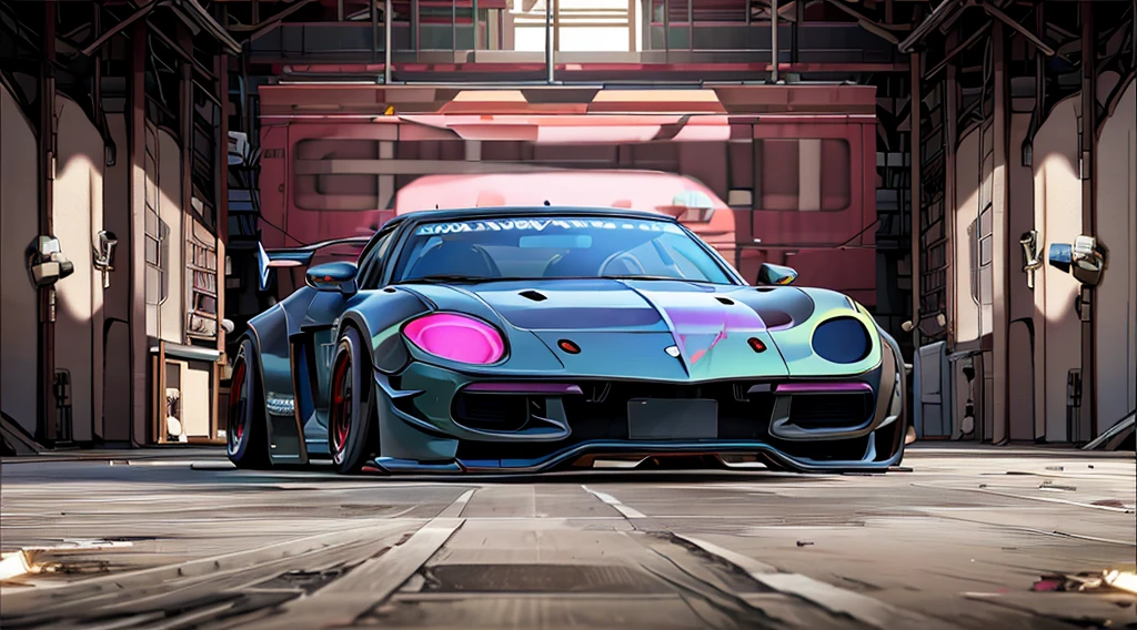 Supercar concept art((pink and black paintwork)), LB-Silhouette WORKS body kit, Forza horizon, gran Turismo aesthetic, trending on artstation, cgsociety, side angle shot, custom design build, cinematic composition, sd HDR studio light, sharp details, shipping yard background, crisp, accurate, meticulous, military grade, 3ds max, corona render, sharp, focus, menacing look, large rear spoiler, high performance enhanced exhaust system, ((liberty walk body kit)); photo realistic, insanely detailed, ray tracing, subsurface scattering 8k, ((parked in an abandoned warehouse, derelict and lifeless space)), directional lighting, hazy and atmospheric, ominous, stealth built, highly detailed racing interior, sleek
