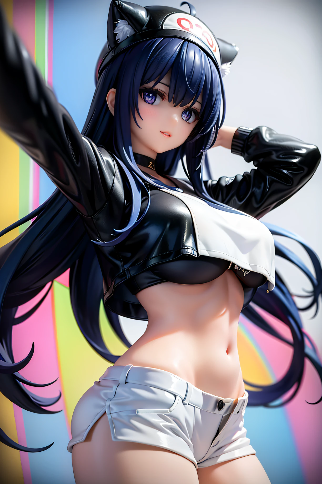 A Retro anime art of a Goddess with long dark blue hair with a black cap on head wearing a black streetwear stand in a front of a outdoor, white pants, tokyo cyberpunk, Neo-'80s, 1980s vibes, aesthetic, expressive face, beatiful blue eyes, trending on Pinterest, 4k, masterpiece, insanely intricate and detailed, colored, vivid colors, fine lines, illustration, wonderful background, vaporware, rainbow mountain on background, peace sign